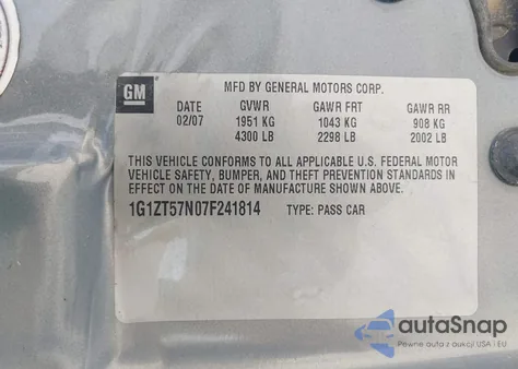 2007 Chevrolet Malibu Lt z USA, uszkodzony, nr VIN 1G1ZT57N07F241814